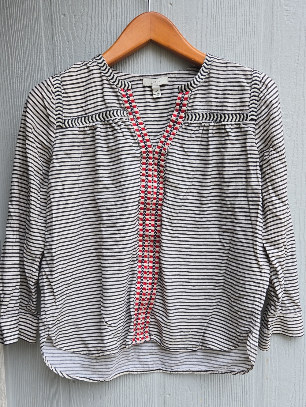 J. Crew Striped Peasant Tunic with Pink Embroidery